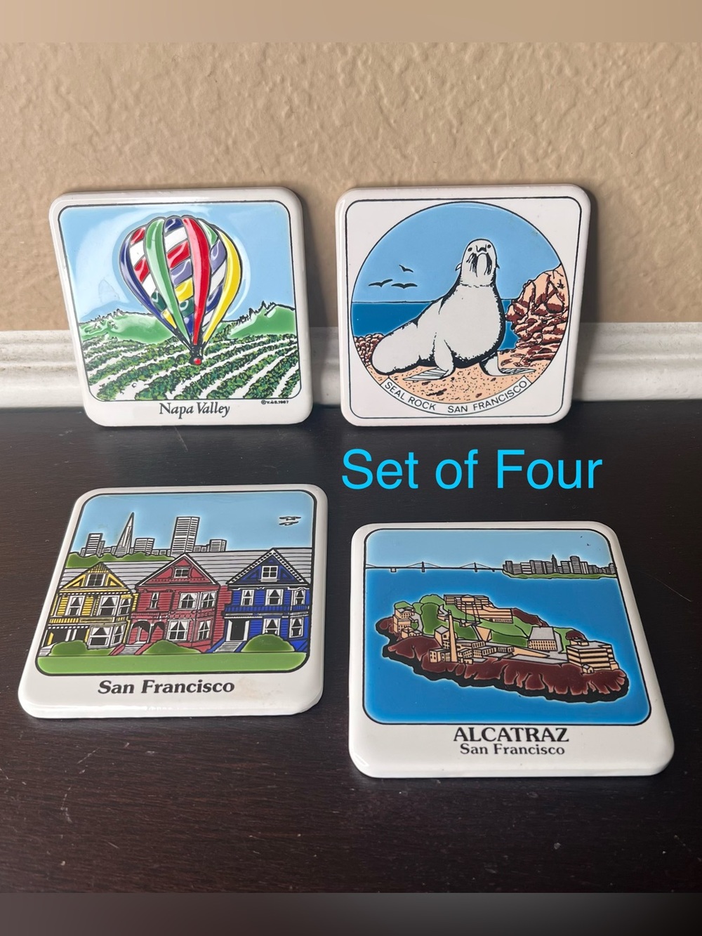 Vintage 1980s San Francisco Ceramic Coasters, Napa Valley, Alcatraz, Seal Rock